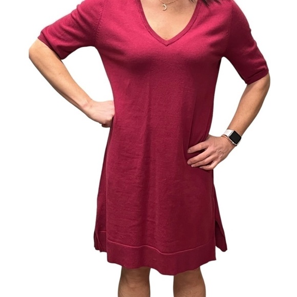 LULUS V-neck elbow sleeve magenta flared sweater dress transitional size medium. - Picture 6 of 8